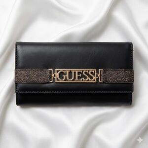 Guess Rhiannon Logo Fold-Over Clutch Wallet | Black Coated Canvas